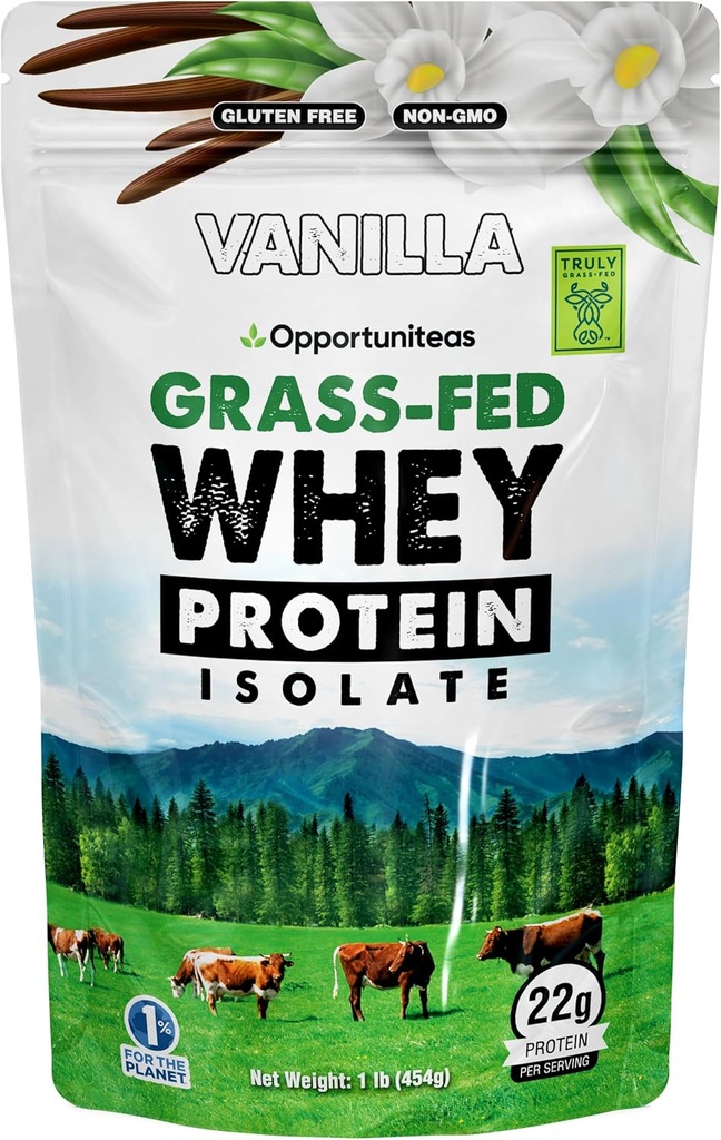 Opportuniteas Grass Fed Vanilla Whey Protein Isolate Powder - 22g Protein Powder Sin Sweeteners artificiales, Vacas sin hormonas, No GMO - 1lb