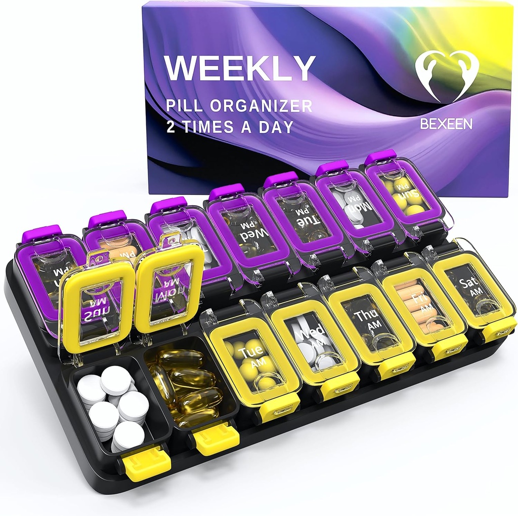 Ətraflı Ətraflı Pill Organizer 2 Times A Day - Airtight Pill Box 7 Day - Am Pm Vitamini Case - Tibb Konteyner İki Təhlükəsizlik Qaydası Daily Drug Storage 2 Med XL Sarı/Purple