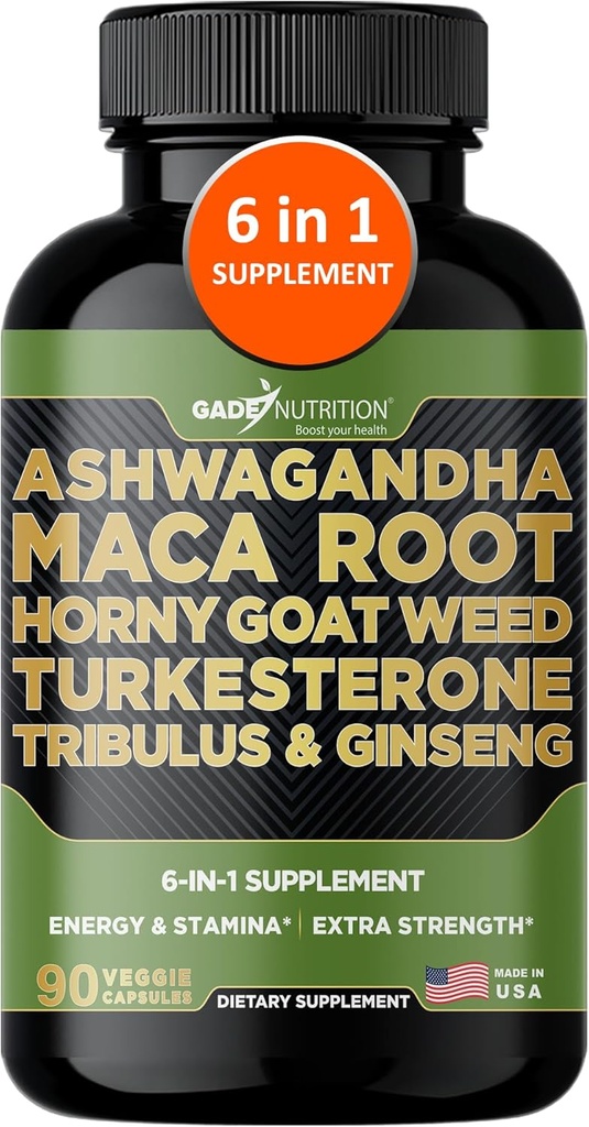 Gade Nutrition Ashwagandha met Maca Root, Horny Goat Weed, Turkesterone Supplement, Tribulus Terrestris, Panax Ginseng 