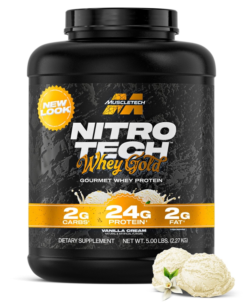MuscleTech Whey Protein Powder (Vanilla Cream, 5LB) - Nitro-Tech Whey Protein Isolate Smoothie Mix for Lean Muscle & Recovery - 24g of Whey Gold for Women & Men - Packaging May Vary