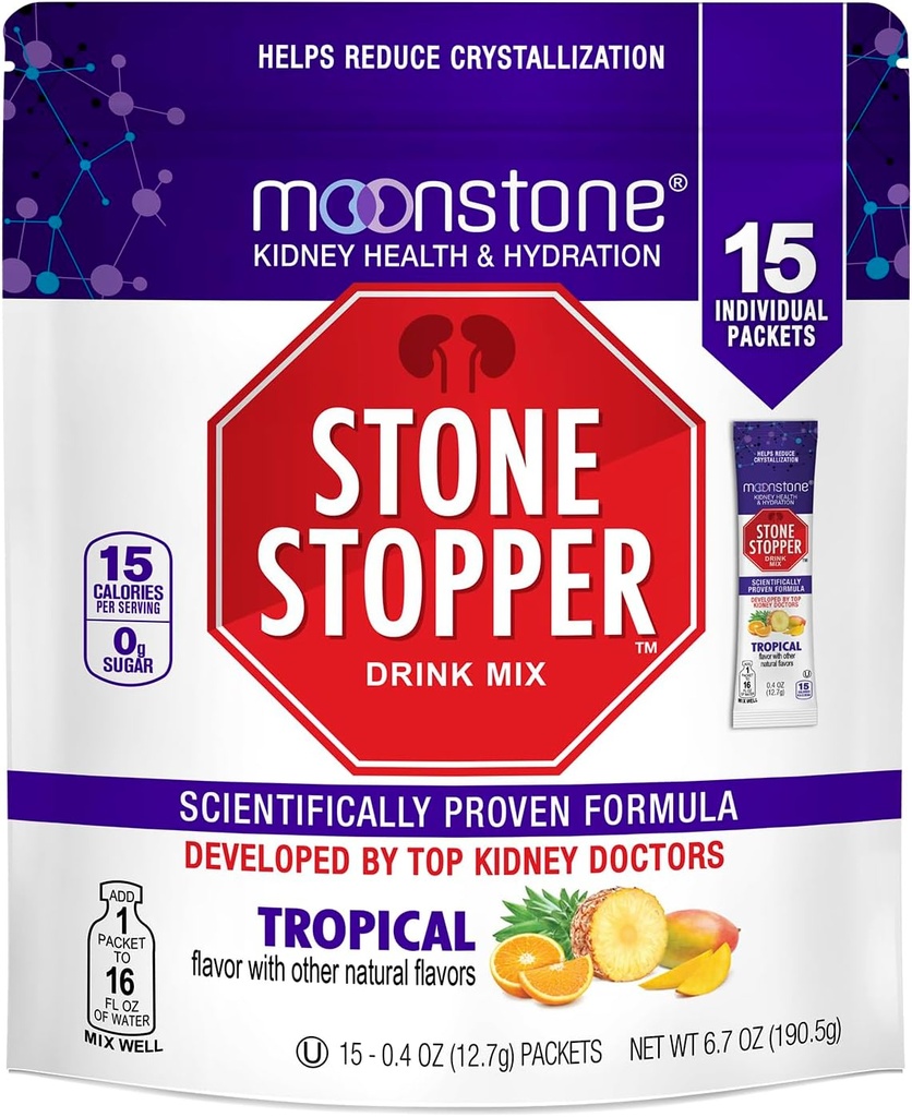 Monstone Stone stopper Drink Mix, Tropical, Kidney Stone Prevention, Calcium Oxalate Protector, developed by Urologists to Improve Hydration and Support Kidney Health, 15 Day Supply