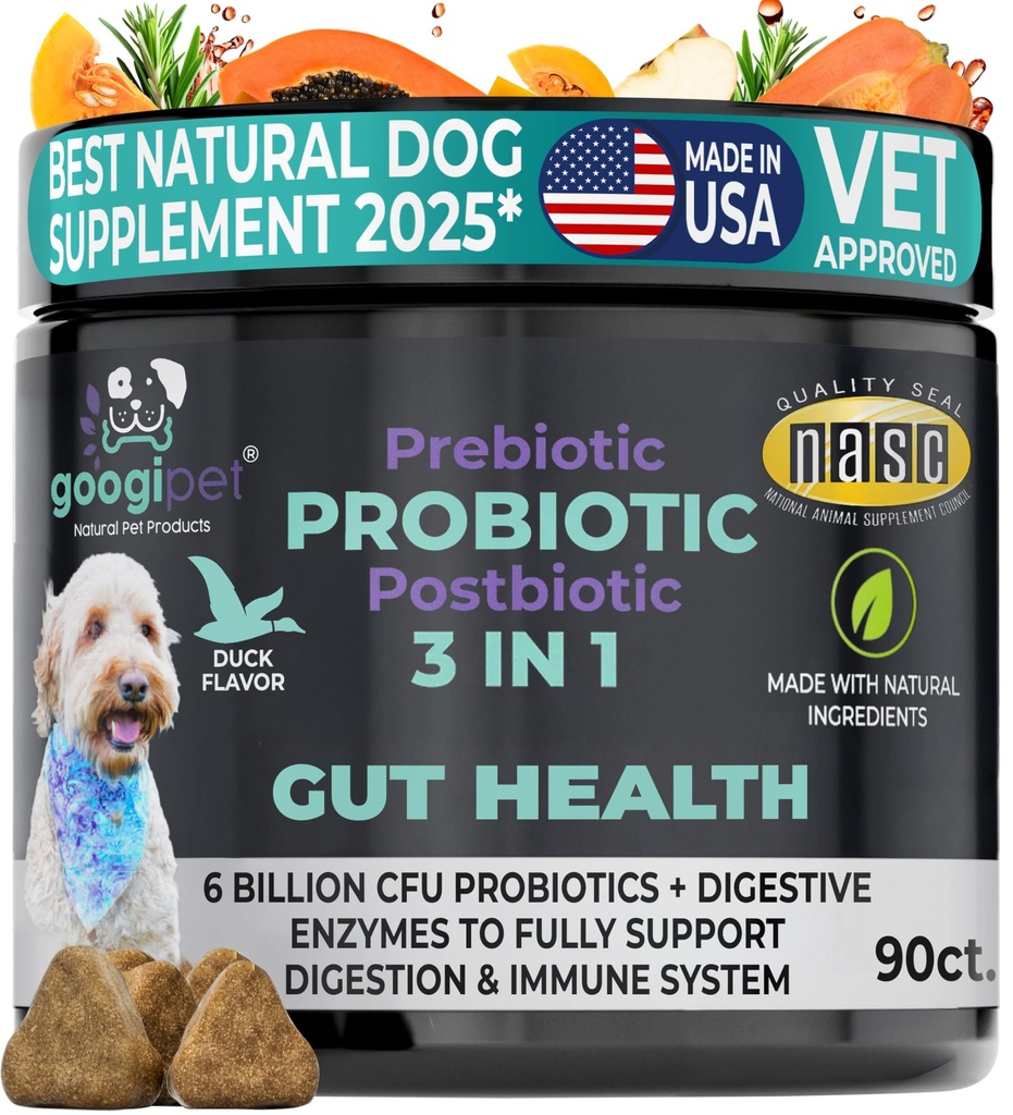 Googipet Probiotics for Dogs Digestive Health - Prebiotics and Probiotics Chews for Dog Yeast Infection Treatment + Digestive Enzymes - Dog Probiotics for Itchy Skin & Ears w/Papaya, Pumpkin, & Fiber