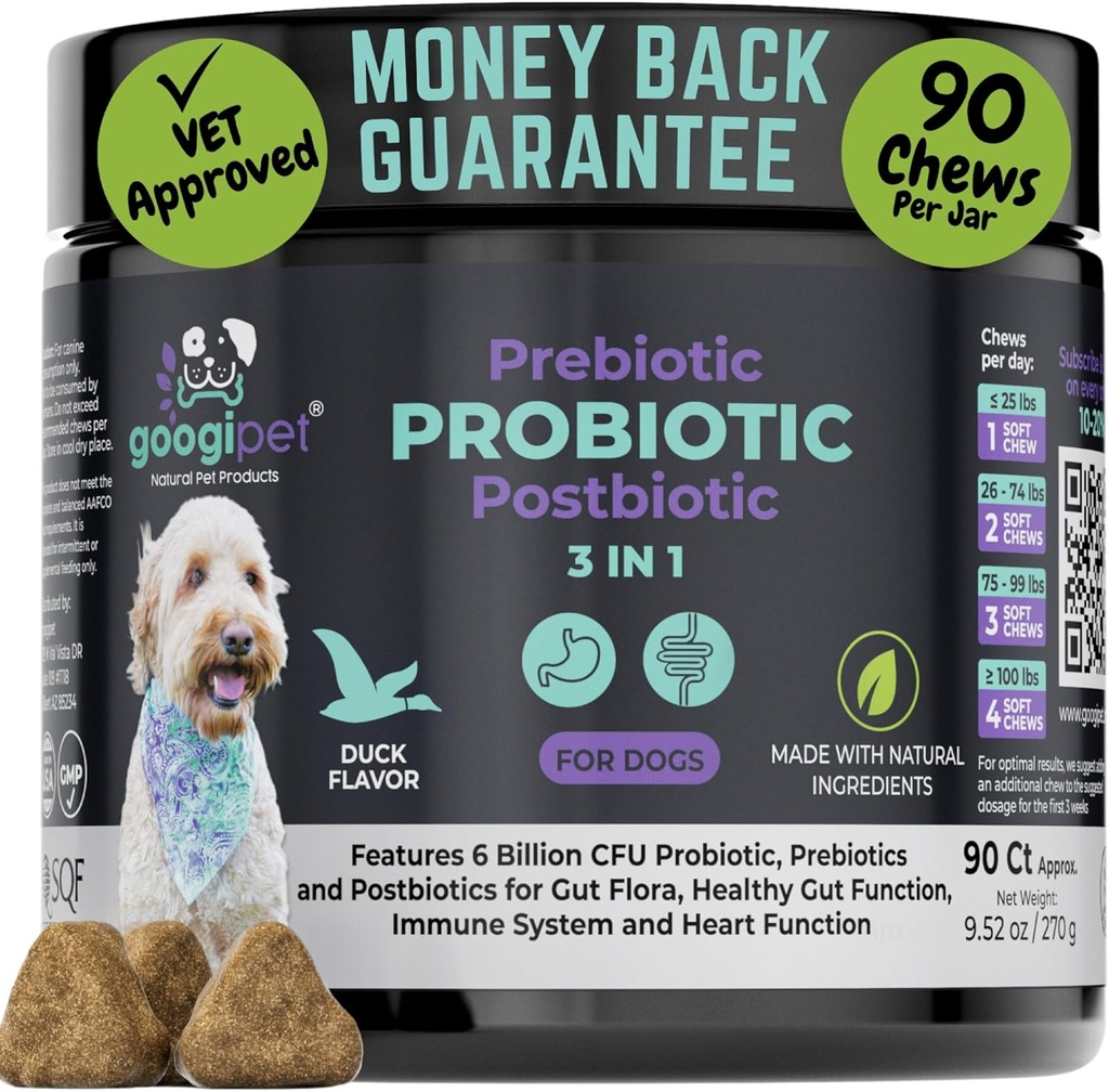 Googipet Probiotics for Dogs Digestive Health - Prebiotics and Probiotics Chews for Dogs Gut Health + Digestive Enzymes - Dog Probiotics for Yeast Itchy Skin Itchy Ears w/Papaya, Pumpkin, " Fiber