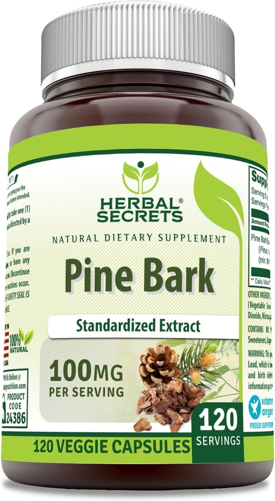 Herbal Secrets Pine Bark Extract Supplement Agregat 124; 100 Mg per Serving Agregat 124; 120 Veggie Capsules Agregat 124; Non- GMO Agregat 124; Gluten- Free Agregat 124; Made in USA