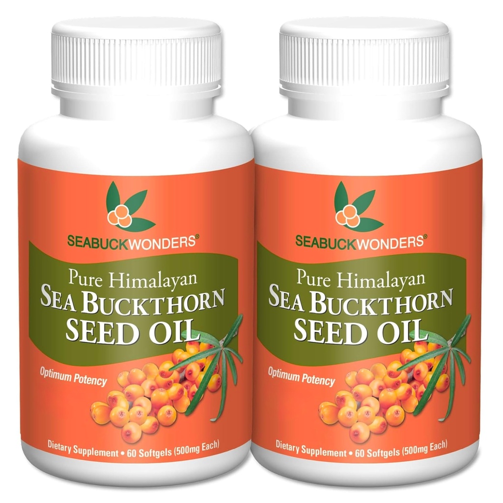 Organic Sea Buckthorn Seed Oil, 120 Softgels | 60 Day Supply, with Omega 3, 6 & 9, Supports Hair, Skin & Nail Health, 100% Pure with Zero Filler Oil