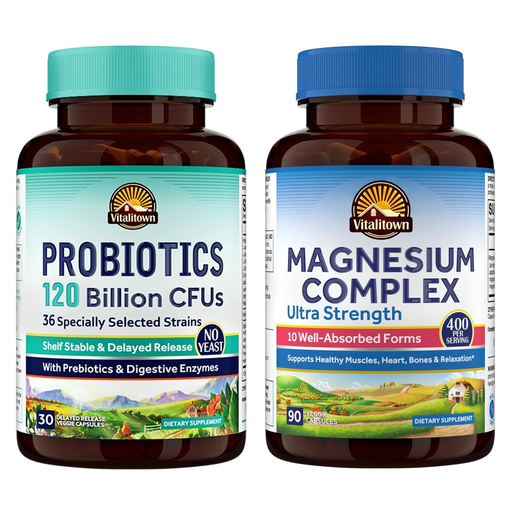 Vitalitown Probiotic + Magnesium Bundle (Pack of 2) | Probiotics 120 Billion (Item 1) & 6-in-1 Magnesium Complex (Item 2) | Gut, Bone, Muscle, Sleep Health | Vegan | 30 Capsules & 120 Capsules