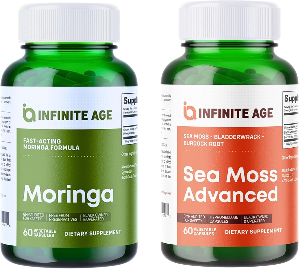 INFINITE AGE Wellness Bundle - Morský Moss Advanced 1250mg, Moringa Powder Organic Supplement 1000mg - Made in The USA