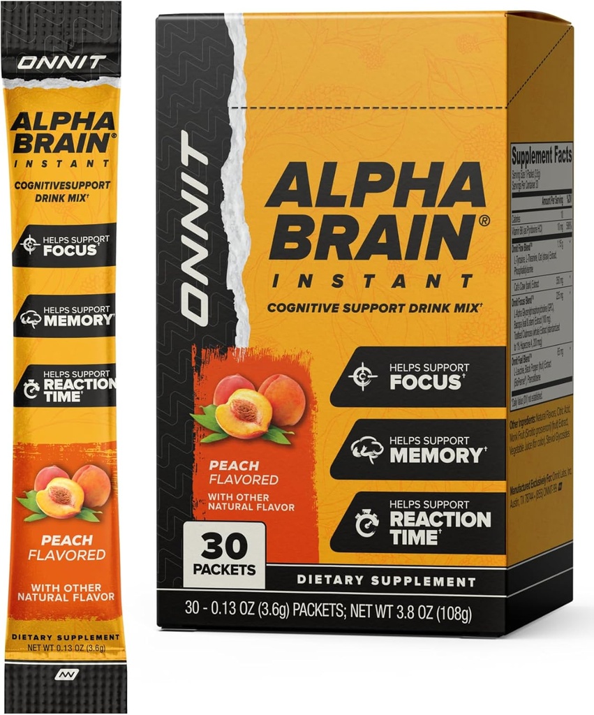 ONNIT Alpha Brain Instant Peach Flavor - Nootropic Brain Booster Memory Supplement - za fokus, energijo in jasnost - Alfa GPC Choline, Cats Claw, L-Theanine, Bacopa - 30ct