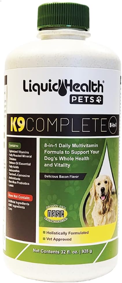 TheQUIDHEALT Pets K9 Acabat de 8 en 1 Guàquid Multivitamin per a gossos adults i cadells generals, tots en una fórmula completa Caninades per a Skin & Coat, paritària de Sanitat, Immunde Implementació - USA Made (32 oz)