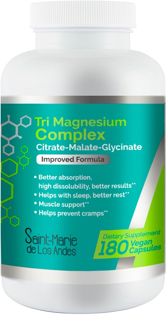 Tri-Magnesium Complex - 180 Capsules (90 Days Supply) - High Potency Magnesium supplement by Saint-Marie de Los Andes
