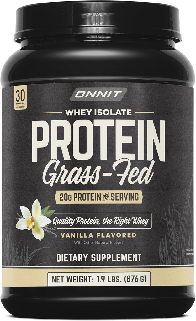 ONNIT Grass Fed Whey Isolate Protein pulver, Vanilla Flavor, Whey Protein pulver kosttilskudd for å støtte muskel gevinst og trening utvinning, 30 serveringer per tub, 30.7 oz