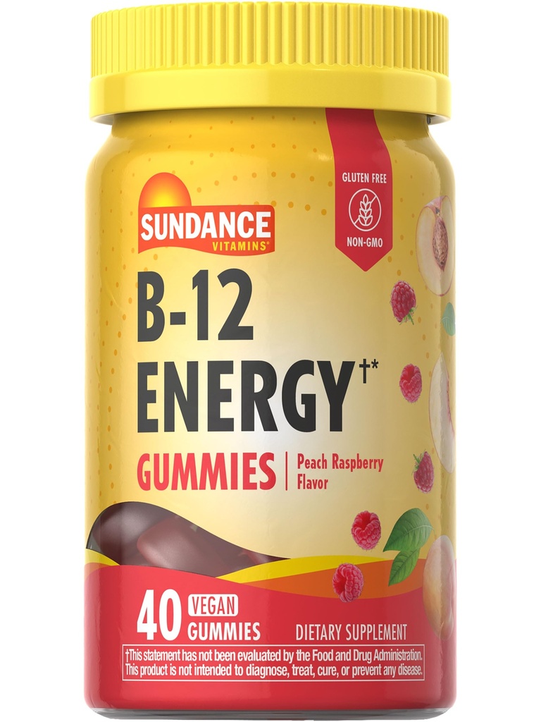 Sundance Vitamins B-12 Energy Gummies | Peach Raspberry Flavor | 40 Count | Vegan | Non-GMO and Gluten Free