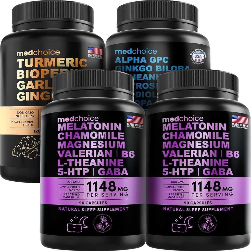 MDCHOICE Turmeric & Ginger (120ct), sleep Melatonin (180ct), và Nootropic Brain (60ct) Phụ bổ trợ Bundle - Wellness Trio for Brain, sleep, & Immunune Consolation - Nun, Non-GO, Gluten- Free