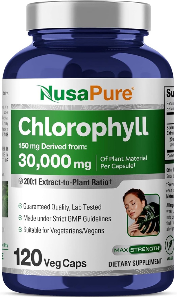 NusaPure Clorofill 200:1 Extract, 150 mg echivalent cu 30.000 mg per capsulă 120 Capse vegetariane (non-GMO, Vegan)