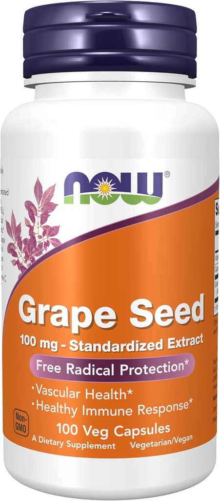 NOW Supplementi, Uva Seed 100 mg - Estratto standardizzato, Estratto altamente concentrato con un minimo di 90% polifenoli, con vitamina C, 100 capsule di Veg