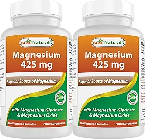Best Naturals Magnesium 425 mg 180 Veggie Capsules - High Absorption Magnesium Glycinate & Magnesium Oxide Chelated, Non-GMO, Gluten Free Muscle Relax (180 Count (Pack of 2))