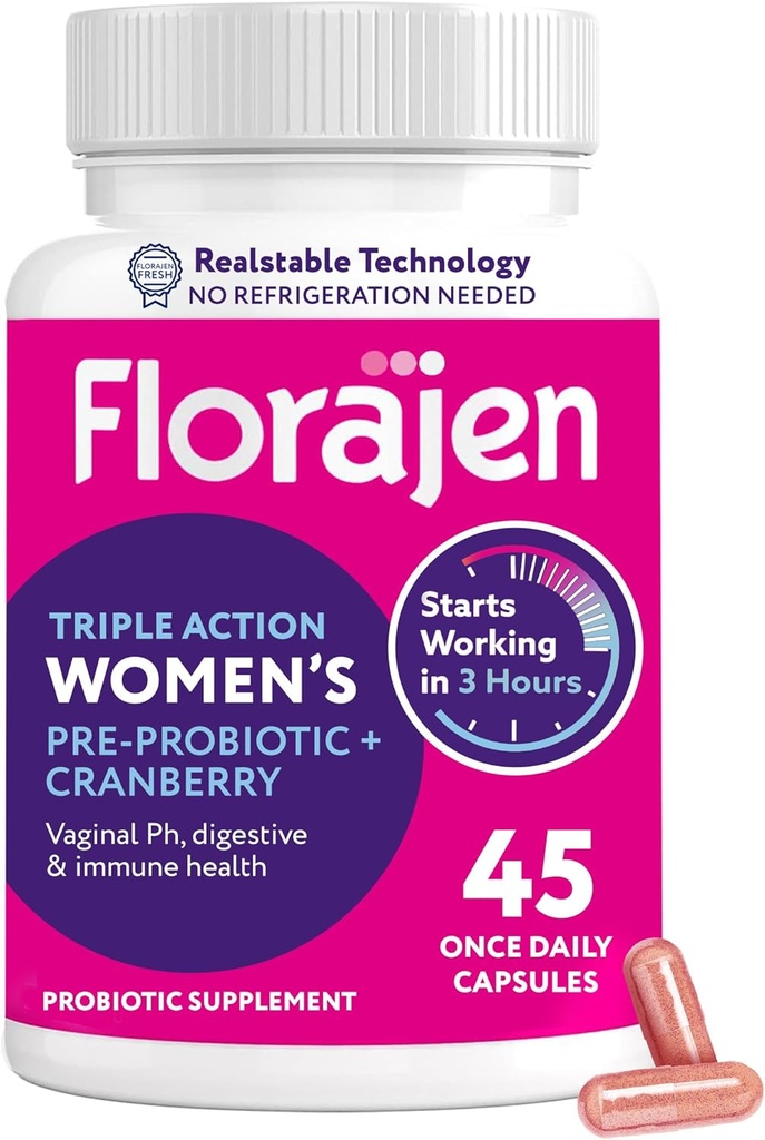 Florajen ženski probiotik, Prebiotik, & Cranberry dodatek za vaginalno zdravje, Imunska podpora, & Prebavna Wellness - 30-Count