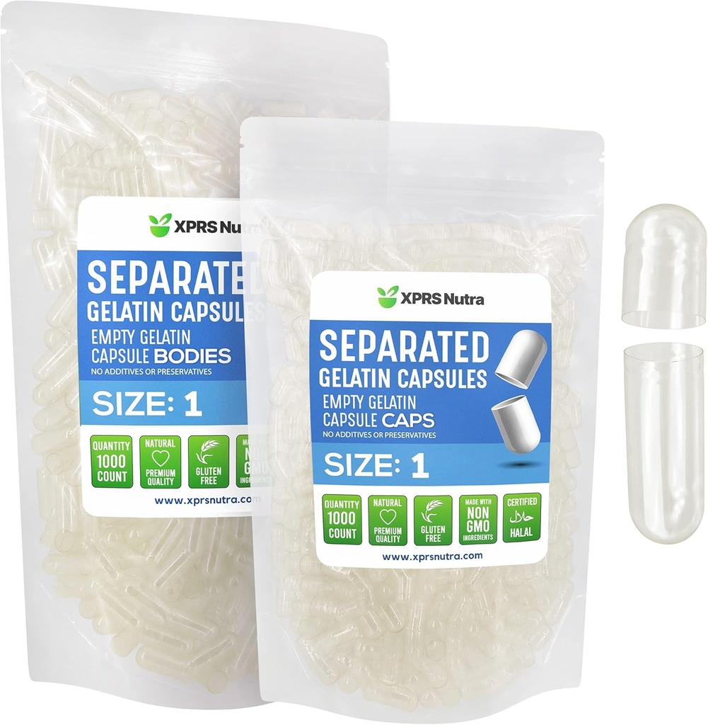 XPRS Nutra dydis 1 Želatina Atskirti kapsulės - 1000 Skaičiavimas Tuščios piliulės kapsulės Atskirti krepšiai - Išvalyti tuščios piliulės DIY Do- It- Save papildas pildymas