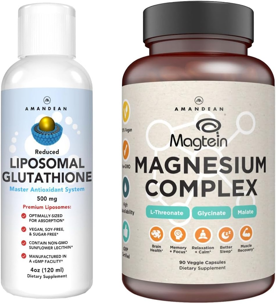 АМАНСЬКОГО Premium Liposomal Glutathione & Magnesium Complex Bundle. Антиоксидант. Ліквідна сетрія. High-Absorption Magnesium Threonate, Glycinate & Malate. Здоров'я мозку та печінки. Пам'ять, фокус і сон