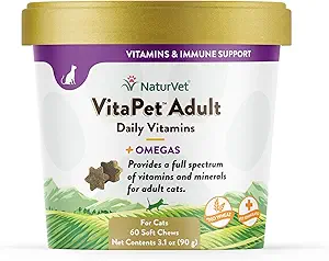 NaturVet VitaPet Adult Daily Vitamins Plus Omegas for Cats, 60 ct Soft Chews, Made in The USA with Globally Source Ingredients