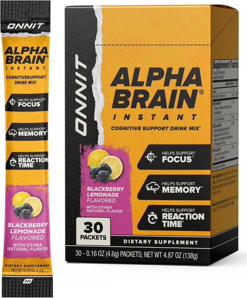 ONNIT Alpha Brain Instant Cognitive Support Drink Mix, BlackBerry Lemonade Flavor, Nootropic Supplemen Fokus, Memori, dan Kejelasan, 0.13 oz Paket, 30 Count