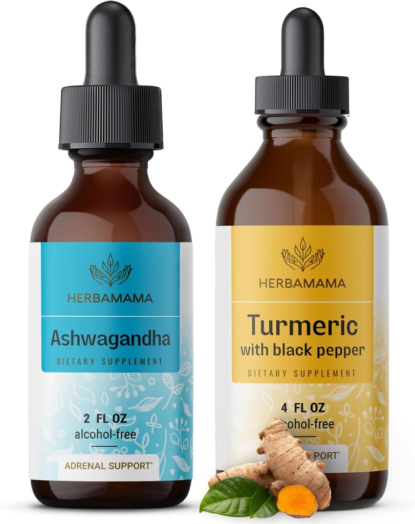 HERBAMAMA Liquid Drops Kit - Bundle of Ashwagandha Root Extract & Turmeric con Black Pepper Tincture 2 fl oz - Vegan, Non-GMO, Sugar & Alcohol-Free - 2 Pack
