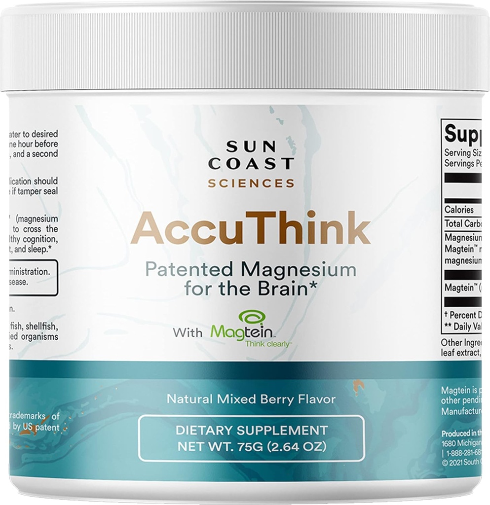 Sun Coast Science Sun Coast Sciences AccuThink - Patenteret Magnesium Brain - 2.64oz Memory Supplement Brain Health, Sleep, Mood Boost - Kognitiv support Supplement Magnesium Threonate C-vitamin