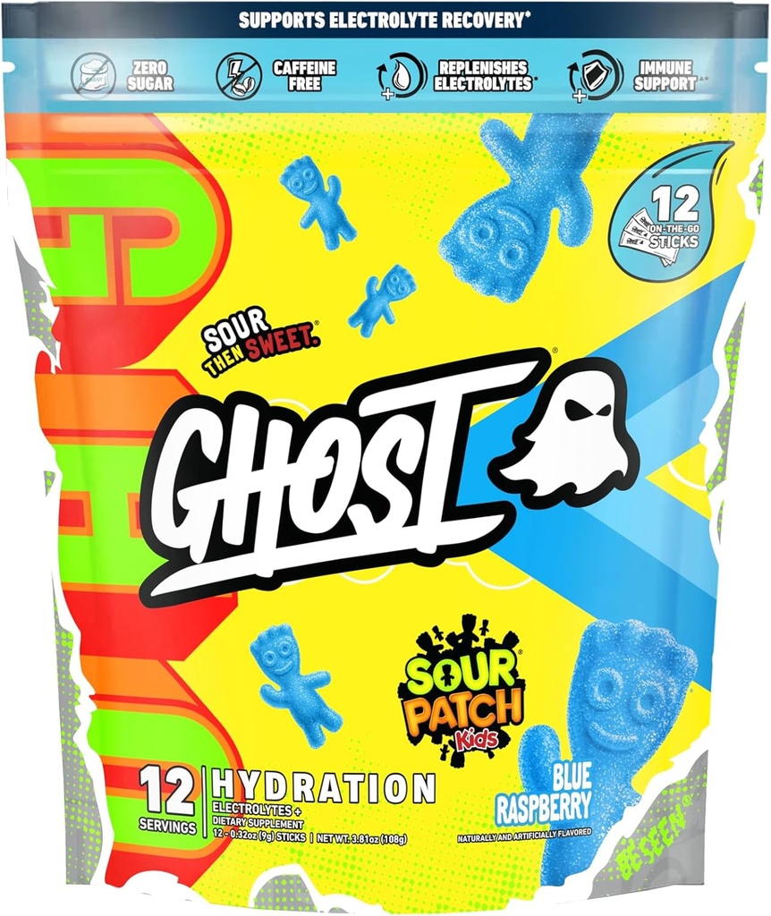 Paket Hidration GHOST, Sour Patch Kids Blue Raspberry, 12 Tongkat, Bubuk Listrik - Minum Mix Suplemen dengan Magnesium, Posium, Kalsium, Vitamin C - Vegan, Bebas Soy, Sugar & Gluten