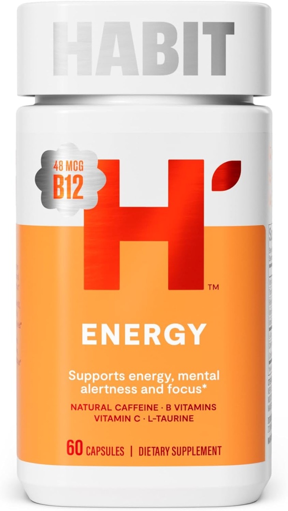 Habit Energy Supplement (60 capsule) - Nuovo look, Supporta energia, allerta e messa a fuoco, caffeina naturale, vitamine B & C, Estratto di tè verde, Vegan, Non OGM (1 pacchetto)