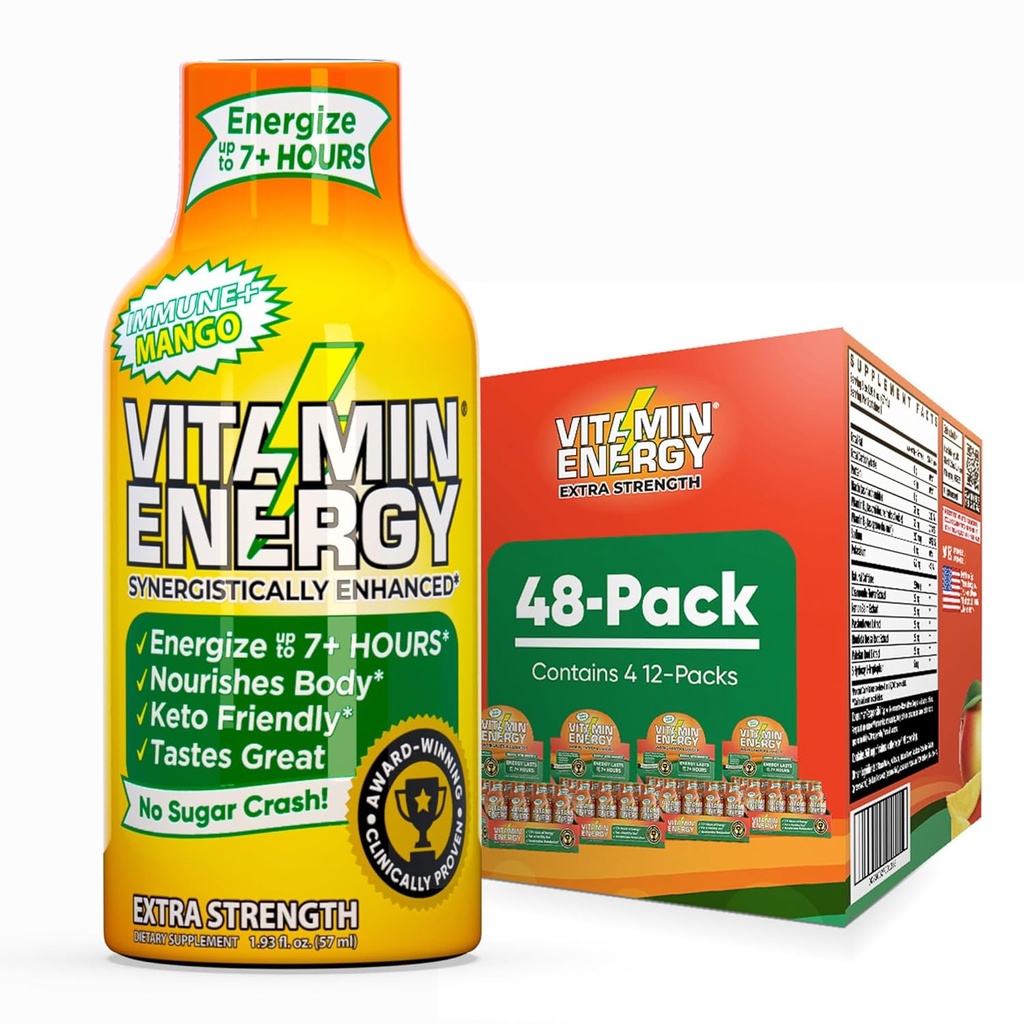 Vitaminas Energy Immune + Papildomas stiprumas energijos Shot Mango 48 Pack, 260mg Natūralus kofeinas, B- vitaminai, Citikolinas, Žalioji arbata, Imunitetas & Focus Parama, Zero Cukrus, Gluten- Free 1,93 fl oz