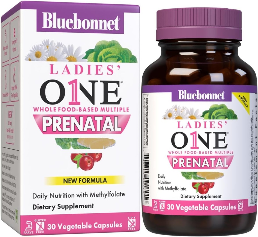BlueBonnet Nutrition Ladies’ One Prenatal Whole Food-Based Multiple, Daily Nutrition*, Prenatal & Postnatal Health*, Non-GMO, Kosher, Gluteenivaba, Sojavaba, 30 köögiviljakapslit, 30 Servingut
