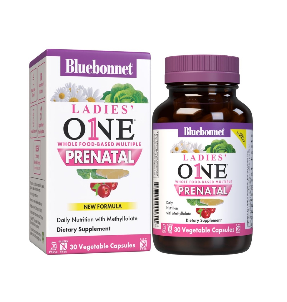 BlueBonnet Nutrition Ladies’ One Prenatal Whole Food-Based Multiple, Daily Nutrition*, Prenatal & Postnatal Health*, Non-GMO, Kosher, Gluten-Free, Soy-Free, 30 Vegetable Capsules, 30 Servings