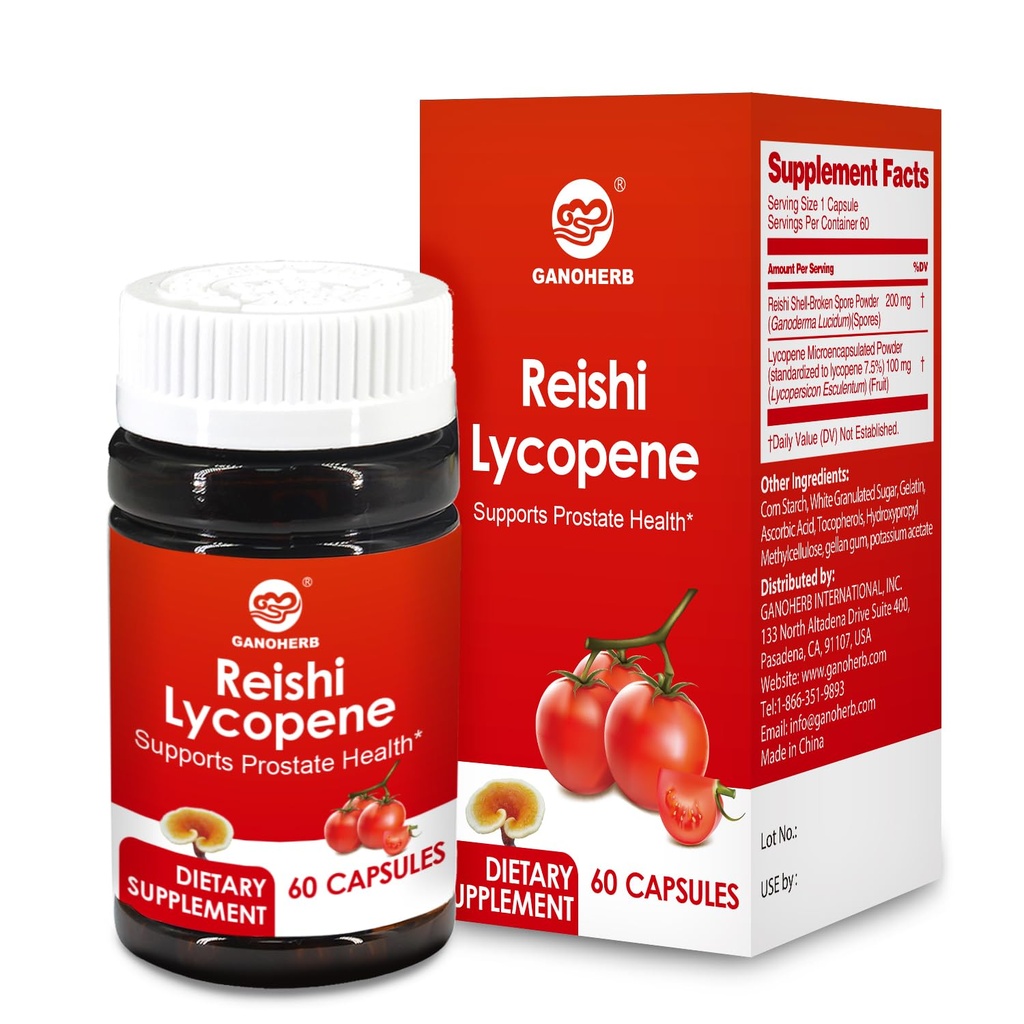 Lycopene Supplement for Men 100mg, Lycopene Capsule with 200mg Reishi Mushroom for Overall Health, 2 Month Supply, Vegan, 60 Rapid Release Capsules