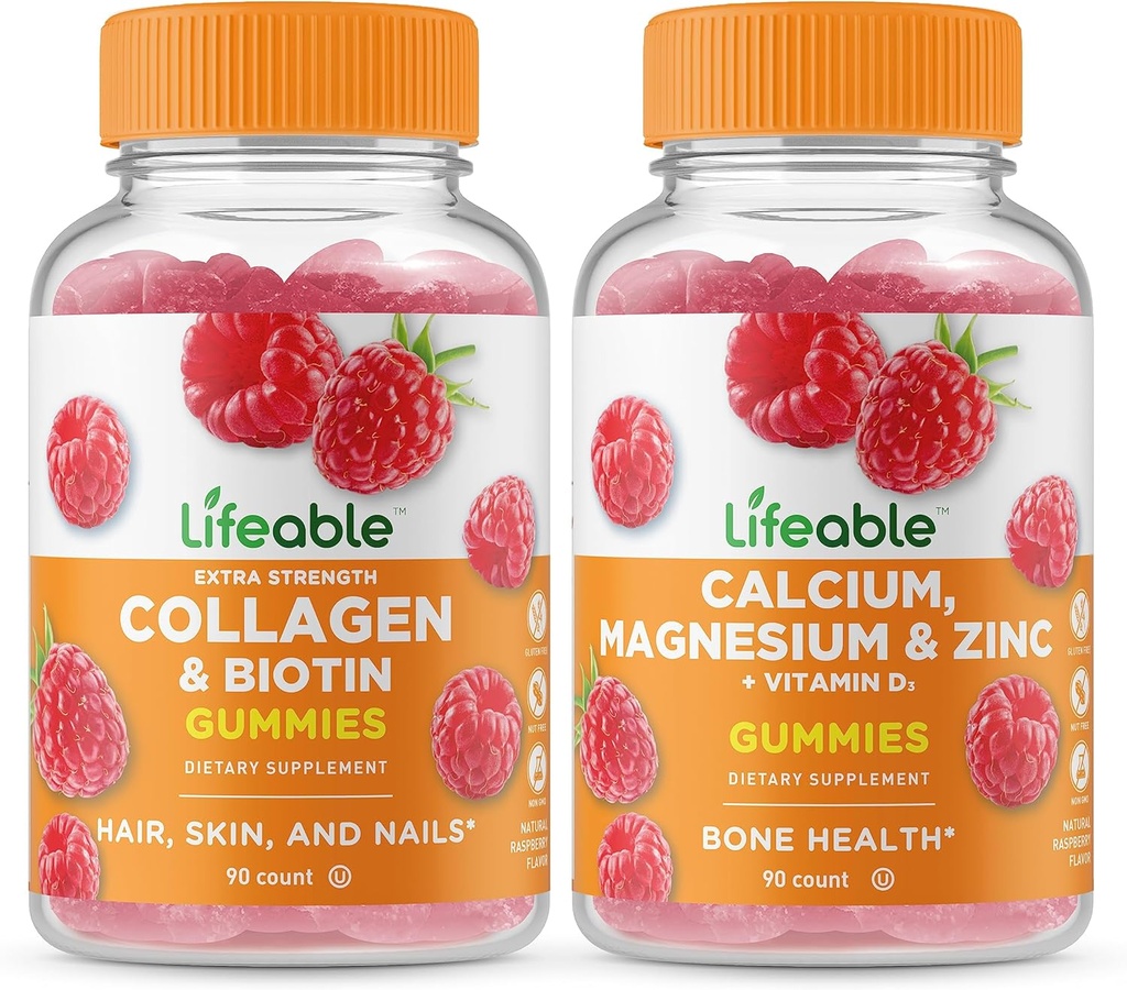 Lifeable Collagen & Biotin + Calcium, Magnesium, Zinc & Vitamin D, Gummies Bundle - Tasting, Vitamin Supplemen, Gluten Bebas, GMO Bebas, Gummy Chewable
