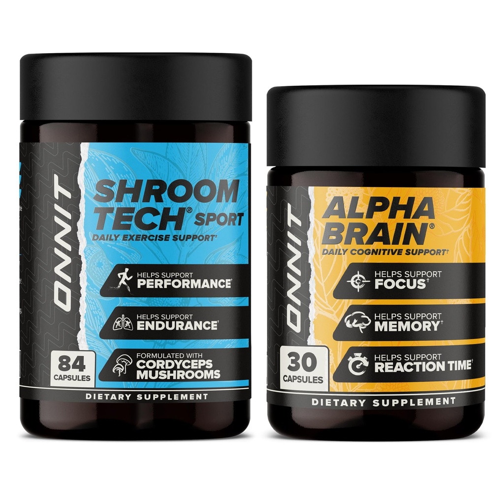ONNIT Cognitive & Endurance Support Bundle: Alpha Brain Nootropic Capsules (30 Count) + Shroom Tech Sport Exercise Support Capsules (84 Count), IGEN Non-GMO Tested Focus, Energy & Endurance Pack of 2