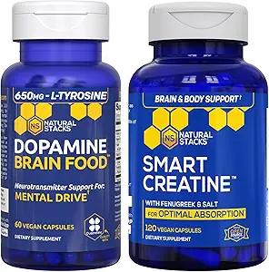 NATURAL STACKS Dopamine Brain Food + Creatine Monohydrate Bundle - Supports Mentral Drive & Brain Health* - Advanced Absorption Formula - 180 Capsules