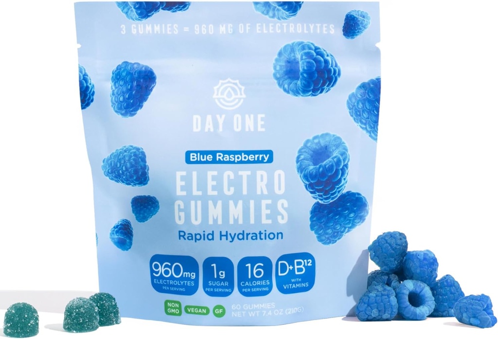 Premier jour ÉlectroGommies – Gummies d'hydratation d'électrolyte – Idéal pour stimuler l'hydratation et l'énergie – Supplément pour les hommes, les femmes, les enfants – Aromatisés aux framboises bleues – 60 Gummies