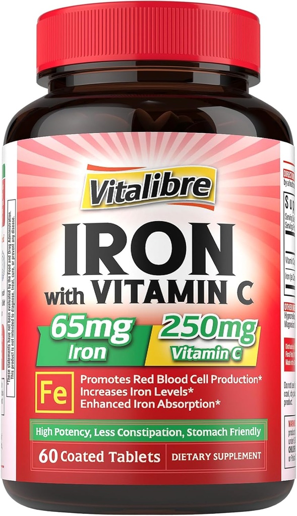 Tambahan Besi, 65mg Carbonyl Iron dengan 250mg Vitamin C, Pill-Iron Friendly untuk Pembangunan Darah Wanita & Men, Tinggi Absorpsi, Tidak Ada Mual, Konstilasi, Non-GMO, Tidak Gluten, 60 Vegan Tab