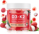 Vitamin D3 K2 Gummies w/Magnesium Sukker Gratis - 60 greve D3 Vitamin 5000 IU + K2(MK-7) 100 mg - Vegansk K2 D3 Vitamin Supplement, høyt absorbent Støtter Bone, Muskel, Mood & Immune (Lychee Flavor)