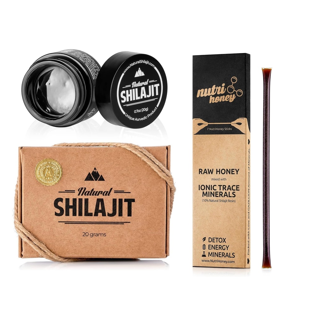 NATURAL SHILAJIT Resin - 20 Gram Shilajit Supplement with Fulvic Acid & Trace Minerals & Shilajit Honey Sticks 7 Count