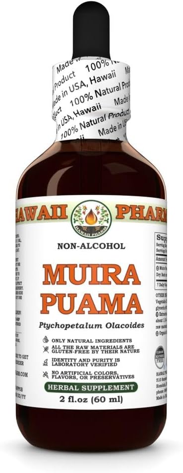 Hawaii Pharm Muira Puama Alcohol-Free Extract, Glicerita para aumentar o desejo e energia, apoia a memória, promove a calma, aumenta a circulação, reduz os círculos escuros, encoraja a vitalidade - 2 fl.oz