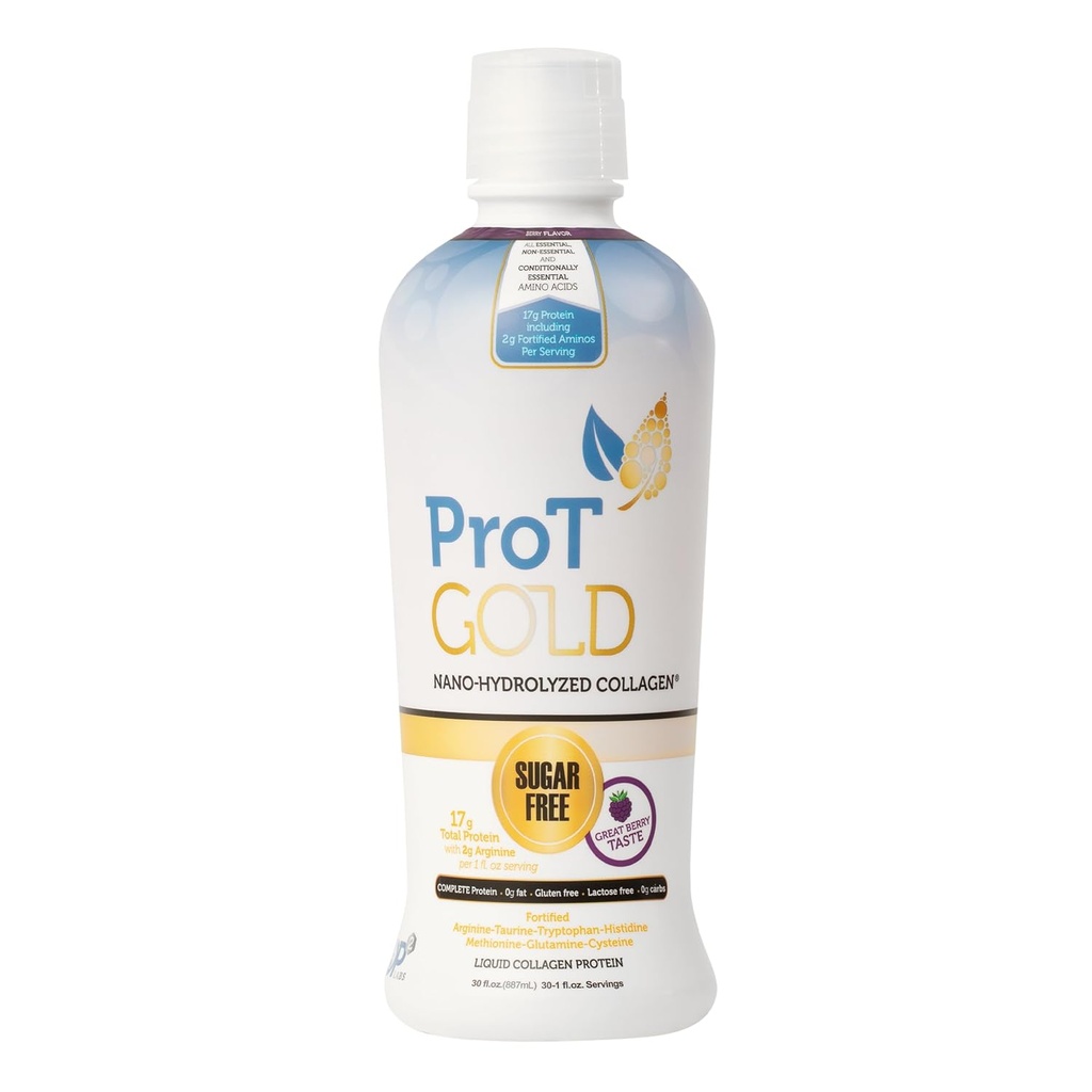 ProT gull flytende kollagenprotein Shot, 17g Clear Protein Nano-hydrolysert Grass Fed Collagen, 2g Arginin for sår støtte, glutenfri, sukkerfri, 0g karbohydrater, ikke GMO, Berry, 30 fl oz flaske