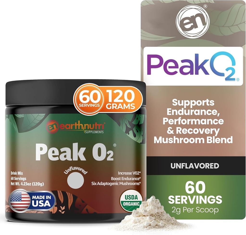 EarthNutri PeakO2 Workout Addition - Grybų papildymas iš anksto treniruočių metu Endurance & Athletic Performance - No Additions, No Filers - Palaiko Stamina, Tvirtumas & Recovery - 60 Paslaugos