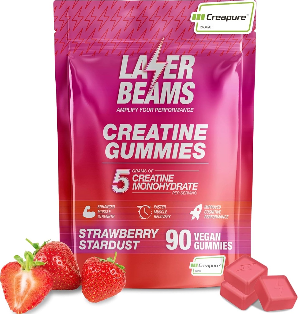 Creatine Monohydrate Gummies - 5g Creapure Creatine per service - Vegan - Boost Muscle Strength, Endurance, Recovery & Mental Focus - 90 Gummies, Gluten-Free (Strawberry)