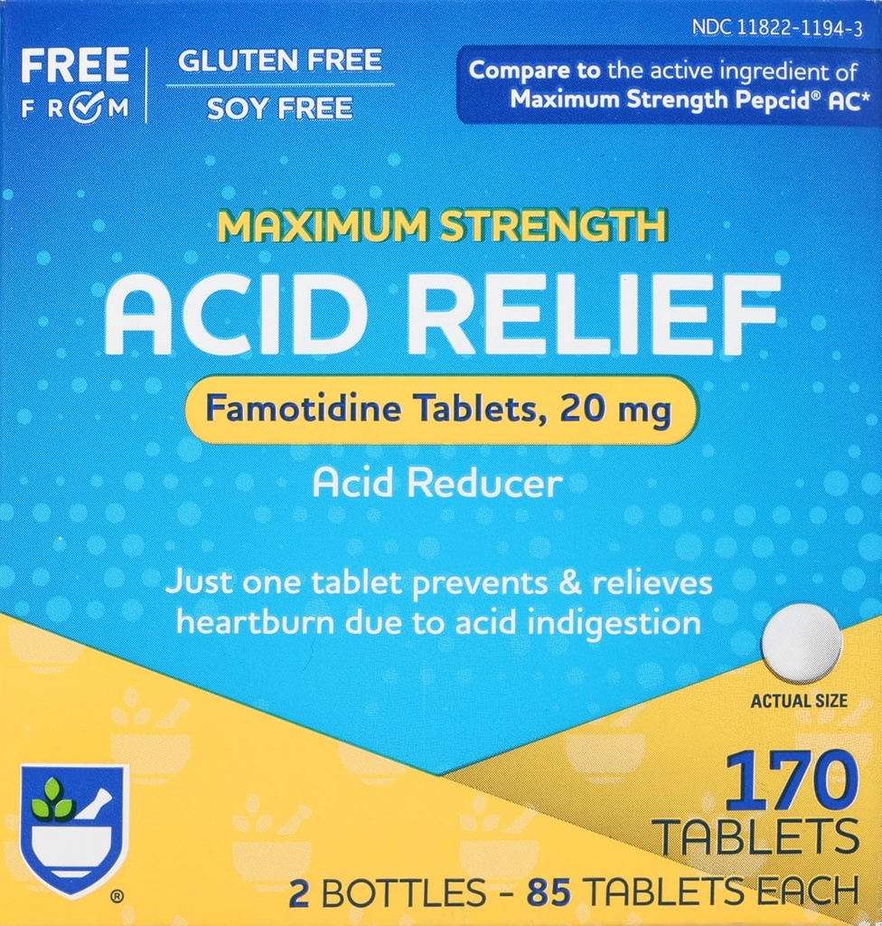 Rite Aid Säure Reducer, maximale Stärke Famotidin Tabletten, 20 mg - 2 Flaschen, 85 Zählen Sie jede (170 Count Total) | Sodbrennen Relief | Säure Reflux | Antacid Chews & Tabletten, Sodbrennen Chews & Tablets