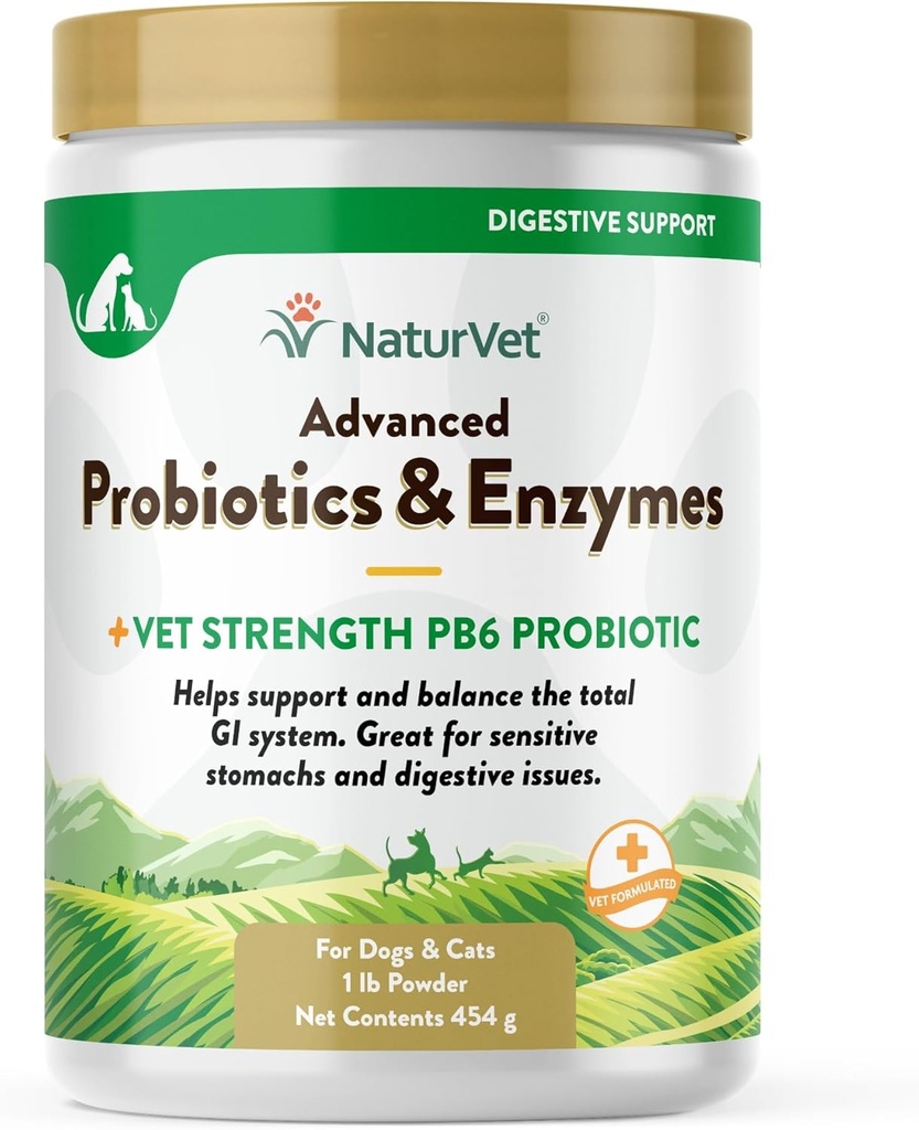 NaturVet – Probiotici Avanzati & Enzimi - Plus Vet Strength PB6 Probiotic | Supporti e Bilancia Animali domestici con Stomach Sensibili & Digestive Issues | per Cani & Gatti (1 lb)