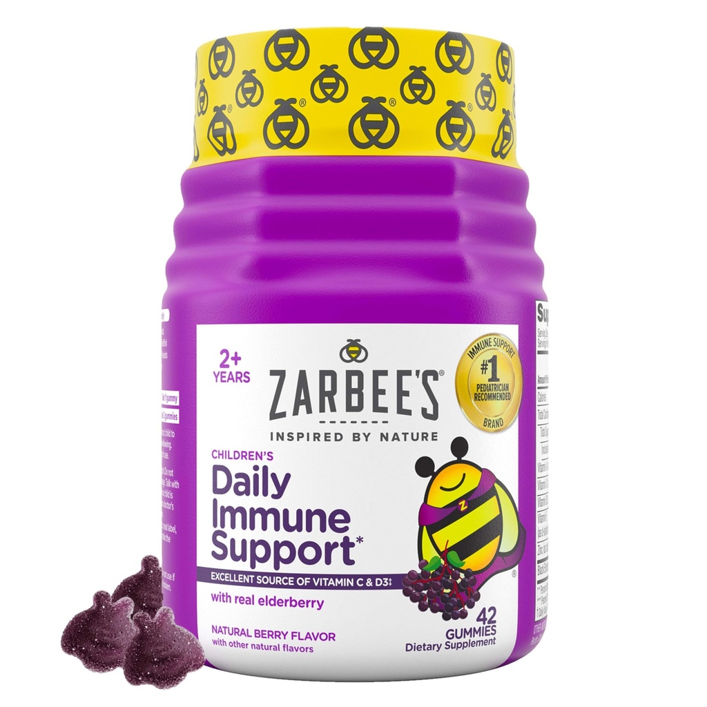 Zarbee’s Elderberry Gummies for Kids, Immune Support Supplement with Vitamins A, C, D3, E, & Zinc, Gluten & Gelatin Free, No Artificial Flavors, Natural Berry Flavor, Ages 2+, 42 ct