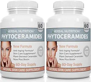 Phytoceramides Rice Based with Biotin Anti Aging Supplement, Wrinkle Remover and Facial Moisturizing with Phytoceramides Vitamin A, C, D and E, Two Bottle Pack, 120 Capsules 40mg, Gluten Free