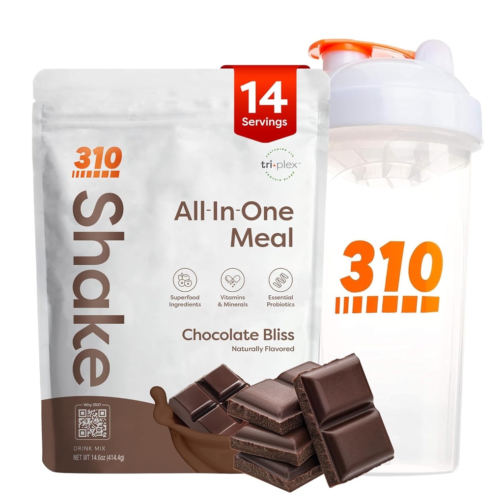 310 Nutrition All-in-One Replacement Shake Powder w/Shaker Cup Starter Kit - High Protein Fiber Rich Vegan Superfood Blend - bez cukru, Keto & Paleo Friendly, Low Carb - Chocolate Bliss 14 srv