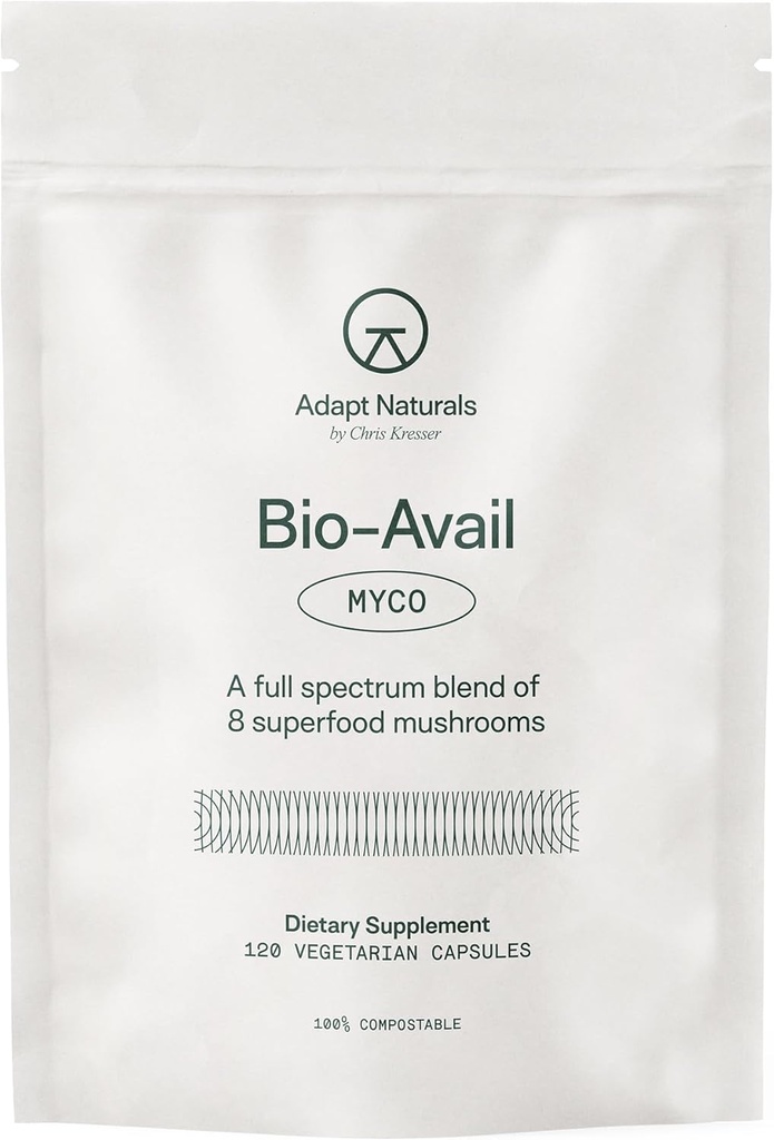 Adapt Naturals Bio-Avail Myco - 8-in-1 Bioavailable Mushroom Supplement Mushroom Complex - Chaga, Cordyceps, Reishi, Lions Mane - 혈압, 기억, 면역 - 120 캡슐